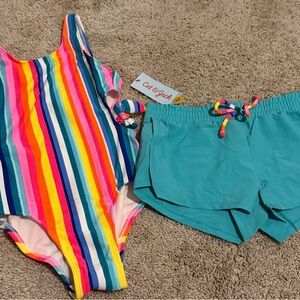 Cat & Jack Rainbow Striped Swimsuit Set Teal Shorts Girls Size 8 NWT
